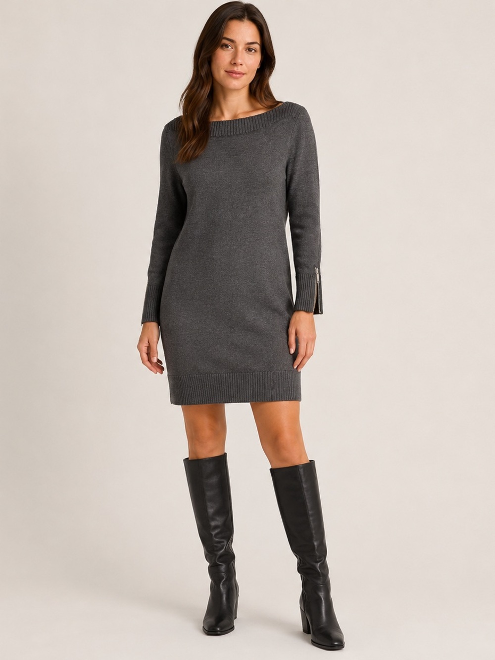 MICHAEL Michael Kors Charcoal Zip Cuff Boat Neck Sweater Dress S